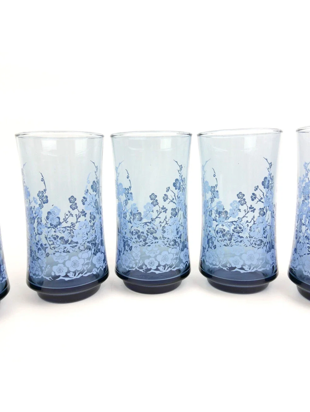 Vintage Libbey Oriental Blue Dogwood Floral Tumbler Glasses Set of 7 MCM 1970s